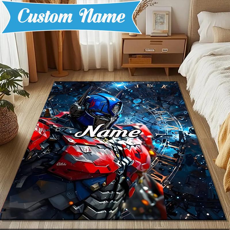 Custom Name Robotic Warrior Adventure Rug for Living Room, Game Rooms, Office, Bedroom, Floor Mat Playful Design, fan gifts Christmas decor