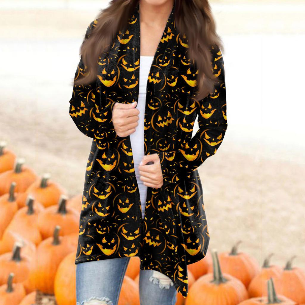 Женская мода, повседневный кардиган с принтом на Хэллоуин, средней длины, с длинными рукавами, пальто