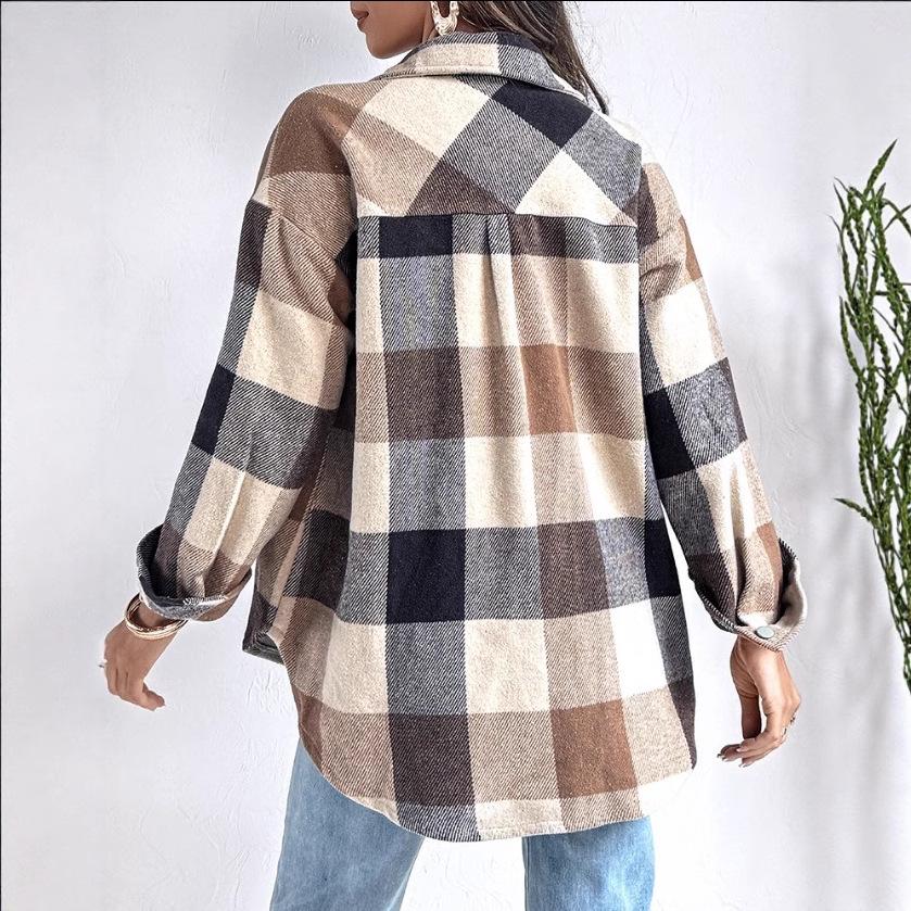 1116 autumn new lapel single-breasted plaid shirt