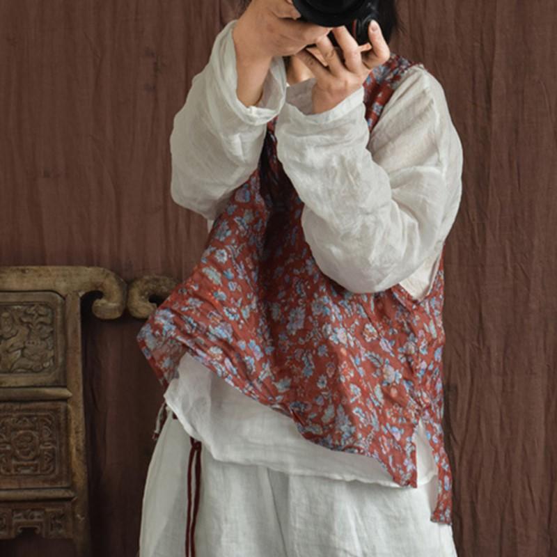 Johnature Женские винтажные топы без рукавов с круглым вырезом и цветочным принтом, весенние женские топы на бретелях в китайском стиле Ramie