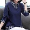 Cotton Shirt Women's Fall and Winter Plaid Fake Two-piece Comfortable Pullover Tops Big Yards Bottoming Shirt Casual Pullover Tops