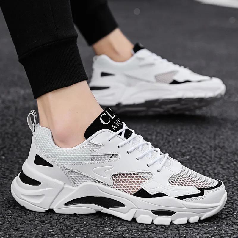 Fashion Mesh Men's Sneakers White Summer Platform Sneakers Stylish Lace-up Male Sneaker Breathable Man Tenis Footwear Men's Sports Shoes