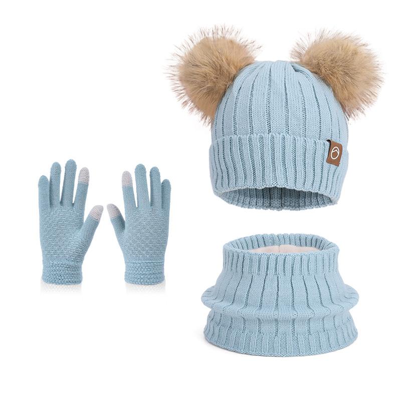 Children's Hats Outdoor Warm Three-piece Set Boys and Girls Fleece Ear Protector Pullover Hat Cute Hairball Knitted Wool Hat