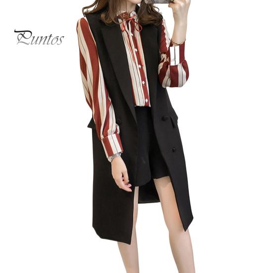 Осень-весна женский жилет с отложным воротником двубортный свободный без рукавов до колена карманы кардиган сплошной цвет повседневная одежда жилет пальто