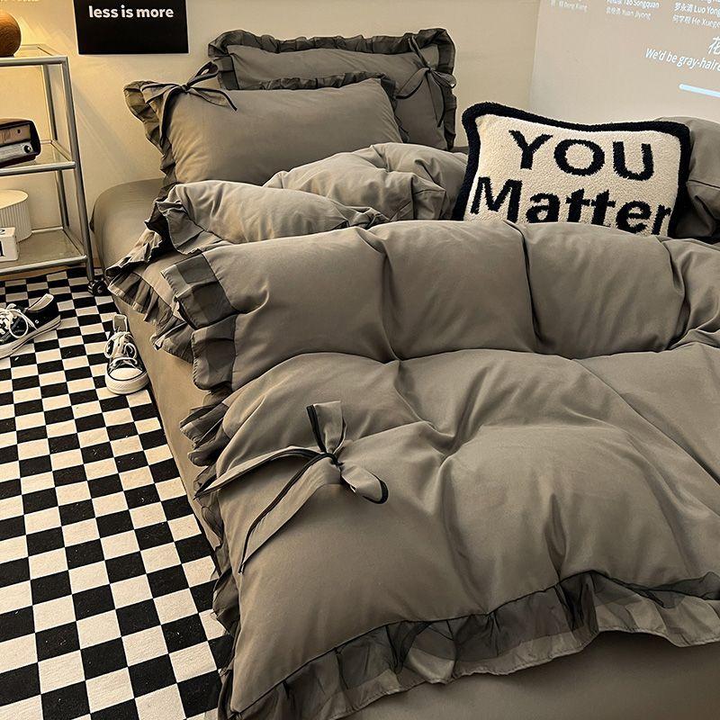 Purple Bow Washed Cotton Quilt Cover Lace Quilt Cover Four-piece Set Single Bed Sheet Dormitory Three-piece Set