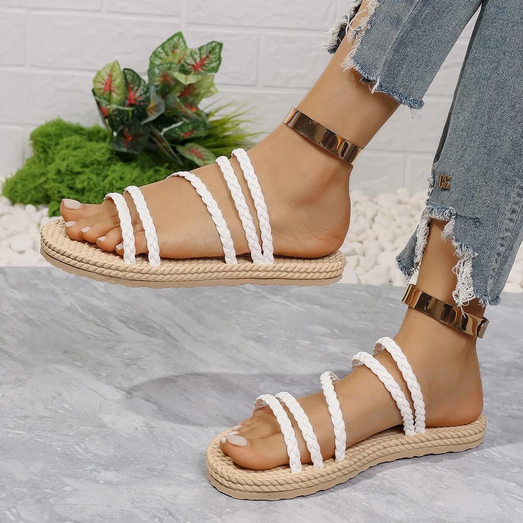 Fashion Lightweight White Flat Sandals Women 2025 Summer Casual Weaving Roman Slippers Woman Comfortable Non Slip Beach Sandalias Mujer