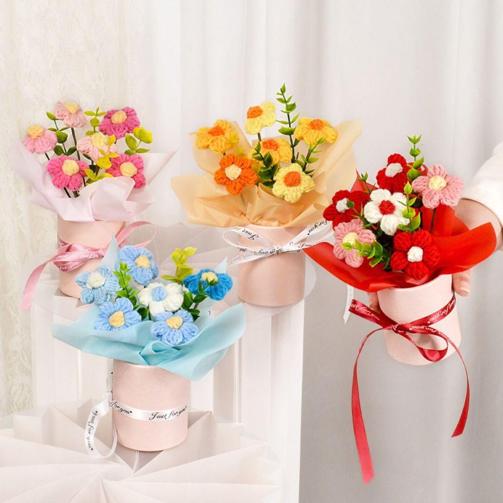 Finished Crochet Flowers Bouquet Cream Puffs Flower Handmade Artificial Flowers Decor Knitted Flower Bouquet