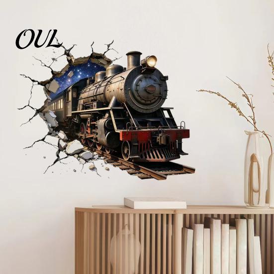 Wall Renovation Stickers for Renters 3D Retro Train Sticker, Break Through Decal, Peel and Stick Art Removable Living Room Mural Kids Bedroom Playroom