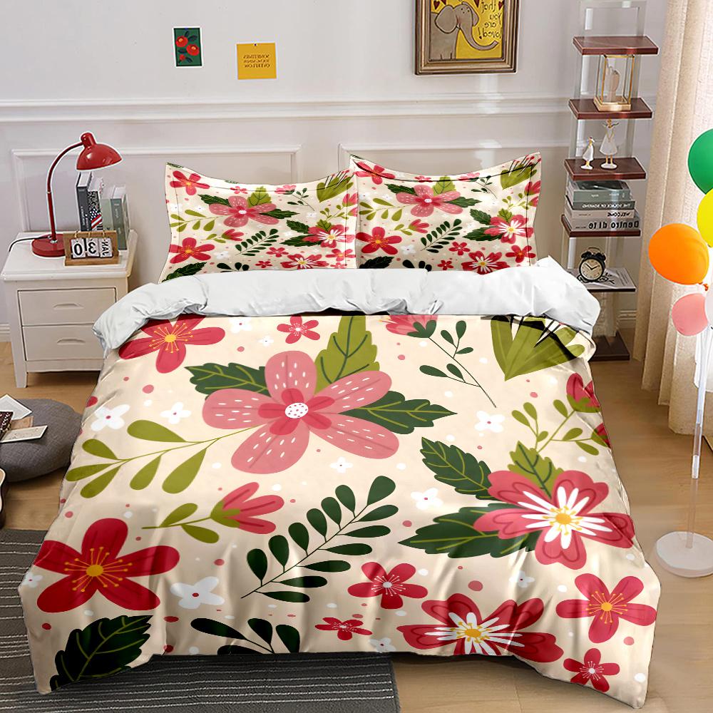 Floral Leaves Decorative Pattern Bedding Set for Kids Luxury Gift 3pcs Digital Print Comforter Set Soft Comfortable Breathable