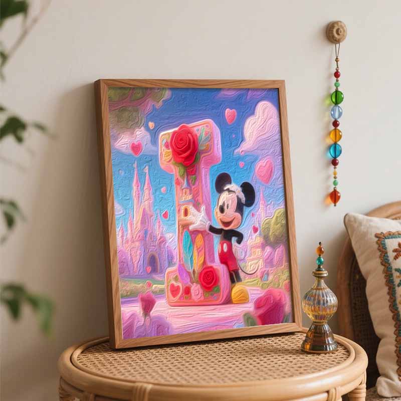 Disney Mickey Letter I rose castle oil painting art painting kit, handmade diy art painting home wall decoration, cute heart decor gift