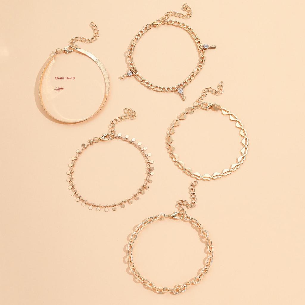 Набор браслетов на лодыжку в стиле панк с подвеской в виде сердца и ключа: Европейский и американский стиль, цепочка-змейка, кисточка, диск, бриллиантовые акценты - коллекция из 5 предметов