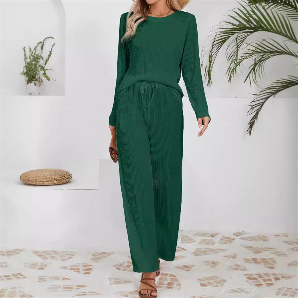 Женские комплекты свободного покроя из трикотажного жаккарда с длинными рукавами и круглым вырезом, брюки с высокой талией и завязками