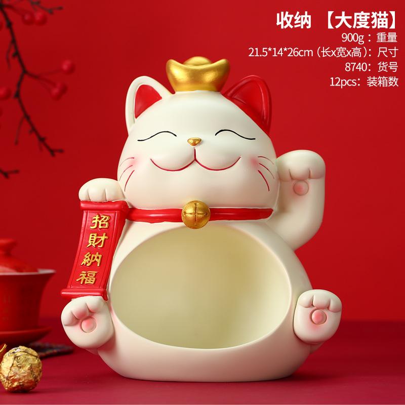 Lucky Cat Storage Tray Statue Resin Sculpture Sundries Candy Storage Box Fortune Cat Figurine Key Holder Living Room Home Decor