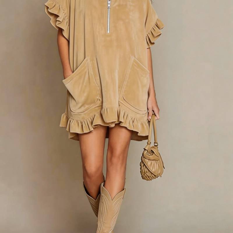 Streetwear A Line Dress With Zipper And Ruffle Sleeves For Casual Travel Or Party