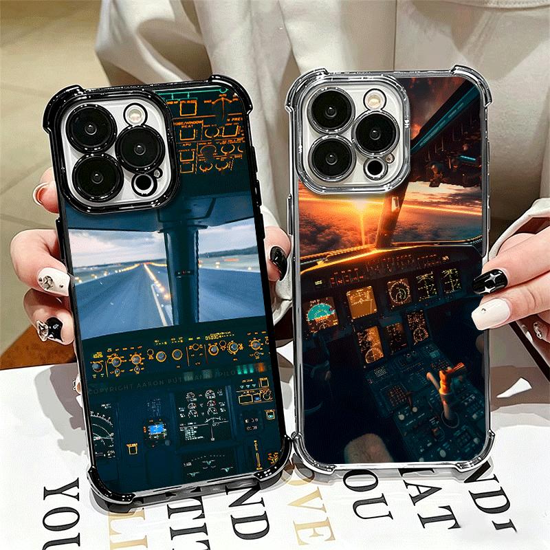 Aviation Aeroplane Pilot Cockpit Plating Phone Case For Iphone 16 17 Pro Max Air 16E 14 15 Plus 12 13 Mini Anti-Fall Airabag Cov