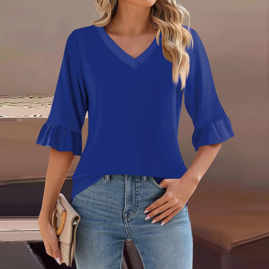 Женский повседневный топ с рукавами 3/4, летняя футболка с v-образным вырезом и пышными рукавами