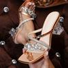High Heeled Sandals Square Head Rhinestone Transparent Thick Heel Criss Cross Outdoors Slippers