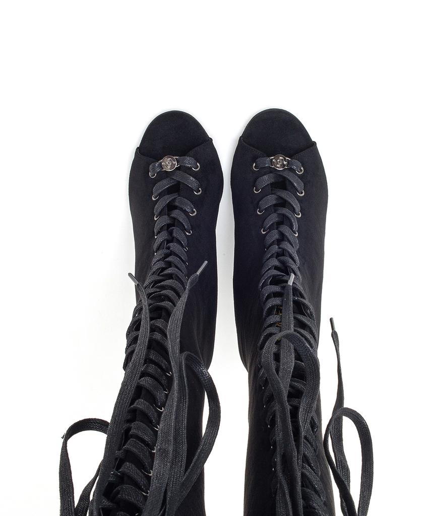 Ssimeez Suede Lace-Up Open-Toe Heel Boots (Black)