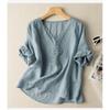 Summer Women's Blouse Linen Short Sleeved Shirt with Embroidered V-neck Cotton Linen Top Loose Fit Shirts