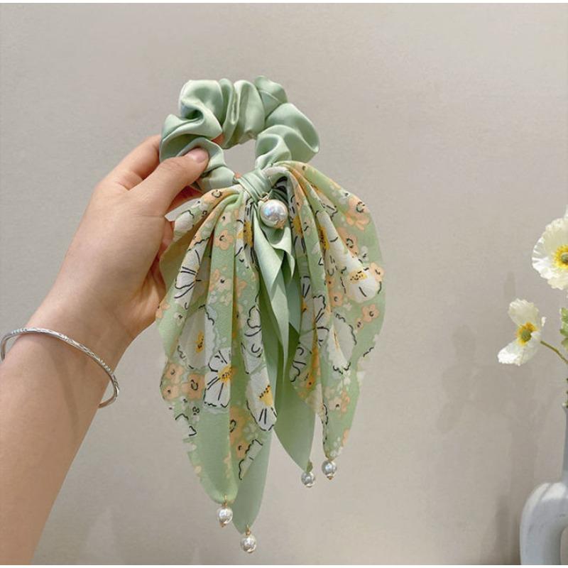 Элегантный принт, длинные резинки для волос с лентой для женщин, эластичный атласный шарф для хвоста, банты для волос для девочек с жемчужной резинкой для волос в стиле бохо