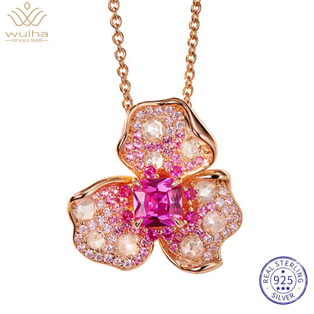 WUIHA 18K Gold Plated 925 Sterling Silver Ruby High Carbon Diamond Gems Flower Pendant Necklaces Fine Jewelry Anniversary Gifts