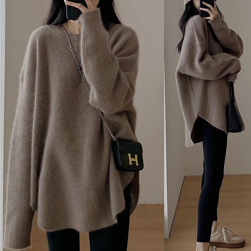 Женский осенне-зимний длинный пуловер, свитер с круглым вырезом и длинными рукавами, свободная вязаная нижняя рубашка, однотонный топ