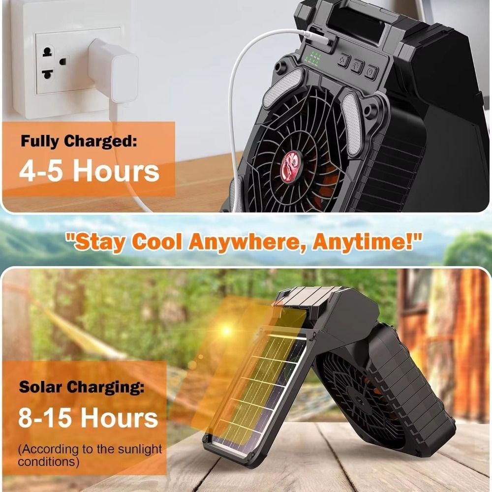 90° Folding Camping Fan with LED Light 5200mAh Portable Tent Fan Outdoor Solar Fan Picnic Trip