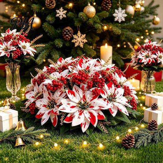 Seasonal Floral Decorations Artificial Poinsettia Flowers, Christmas Fake Berry Centerpiece, Fade-Resistant Dieffenbachia Plants Red And White