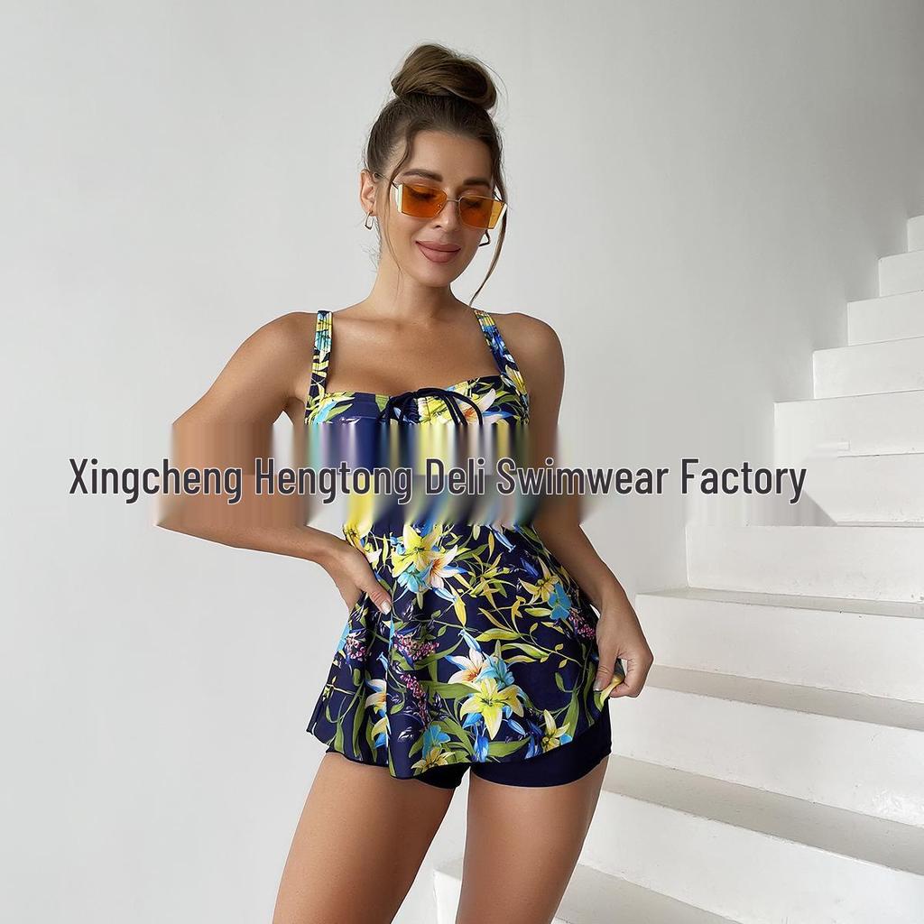 New Women's Plus Size Print Skirted Bikini - European & American Style - Backless Flat-Leg Design