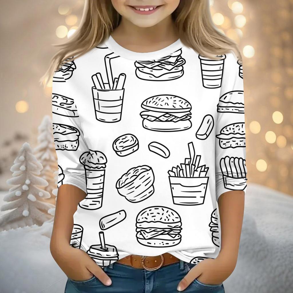 Детские топы с рукавами 3/4, футболка с принтом, круглый вырез, пуловер, блузка, детские раскрашенные вручную цветные топы