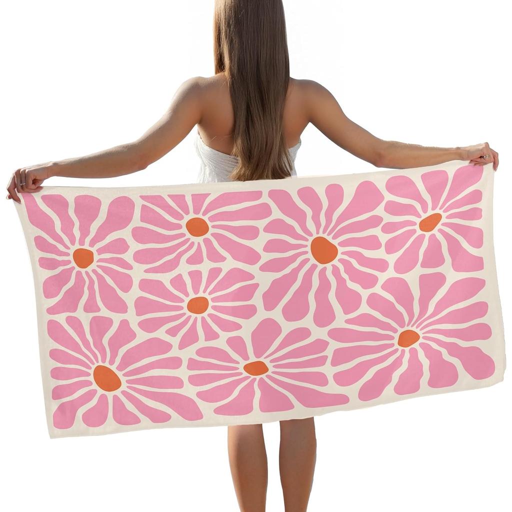 Pink Boho Floral Beach Towel, Flower Daisy Pool Towels, Vintage Boho Flowers Floral Daisies Large Beach Bath Travel Towels for