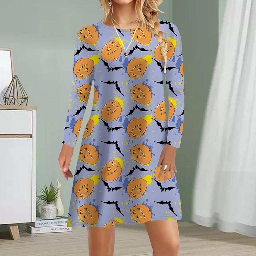 Женское повседневное платье Осенние платья с принтом призраков для женщин Платье с коротким рукавом и круглым вырезом Плюс Размер