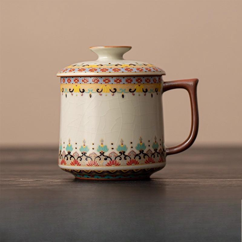 Кружка сувенирная из Дуньхуана, керамическая чашка для воды с крышкой, чайная чашка в стиле печи Жу, офисная чайная чашка, подарок на праздник середины осени