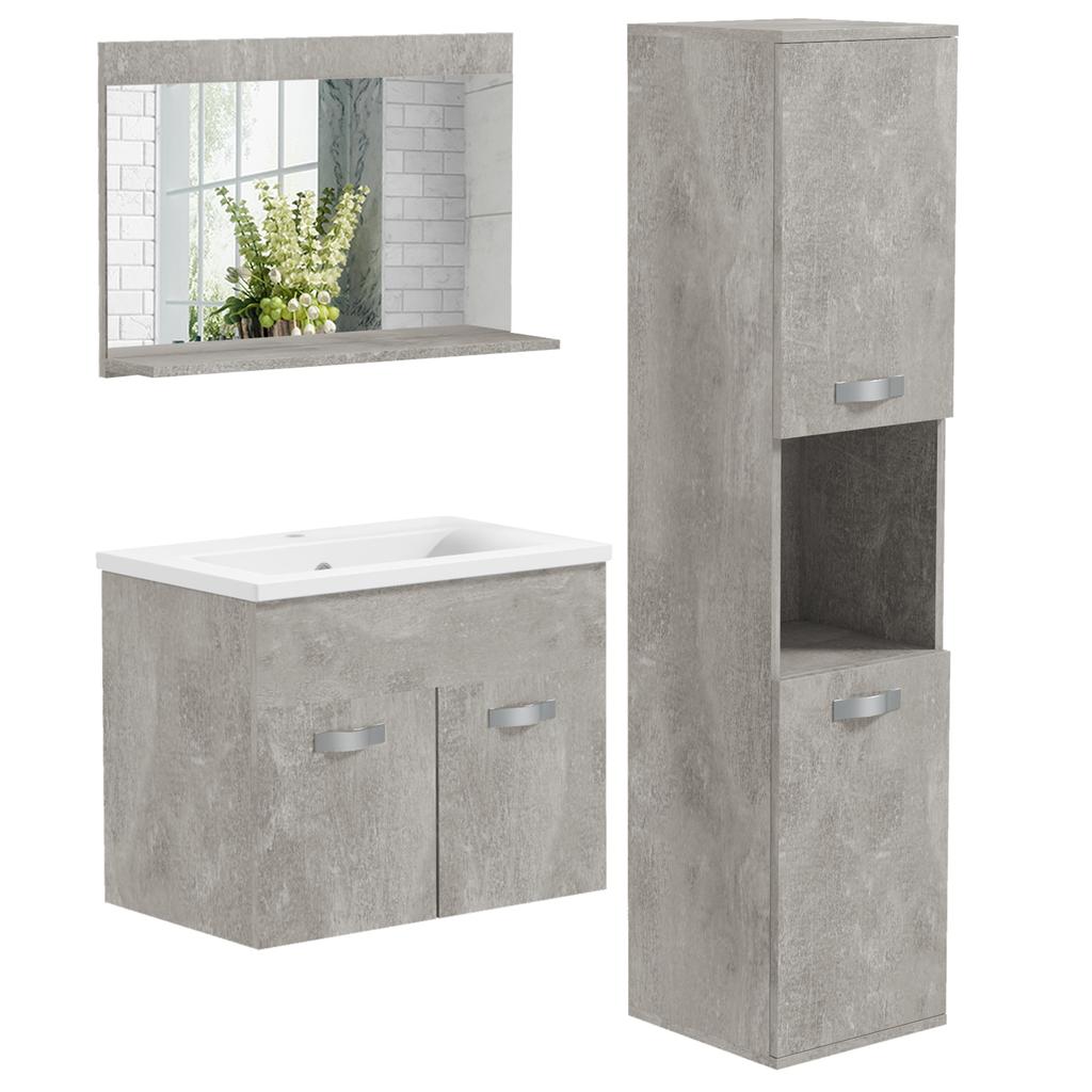 Bathroom Furniture Set, Wall-Mounted, with Mirror, Vanity Unit, Sink and Tall Cabinet, Grey, 4-Piece
