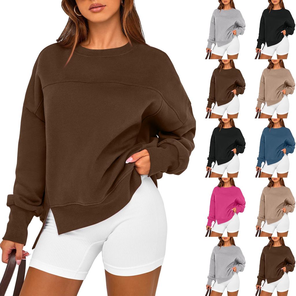 Ladies' Casual And Fashionable Solid Color Round Neck Long Sleeved Slit Loose And Comfortable Sweatshirt