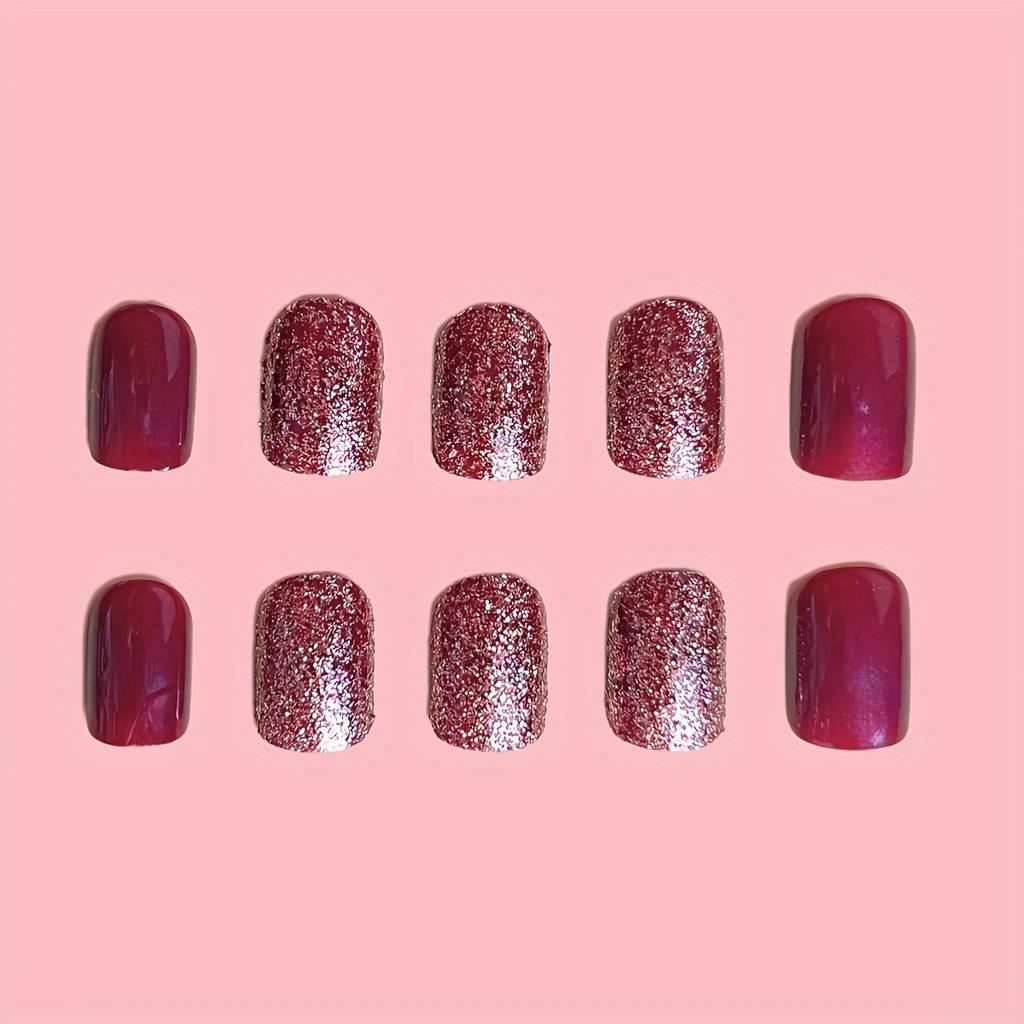 Набор из 24 коротких бордовых накладных ногтей с блестками, полное покрытие накладных ногтей с желеобразным клеем и пилочкой для ногтей, идеально подходит для женщин
