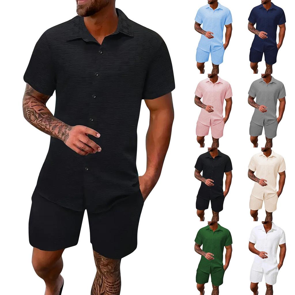 Men's Summer Solid Color Short Sleeve Button Lapel Shirt Shorts Set