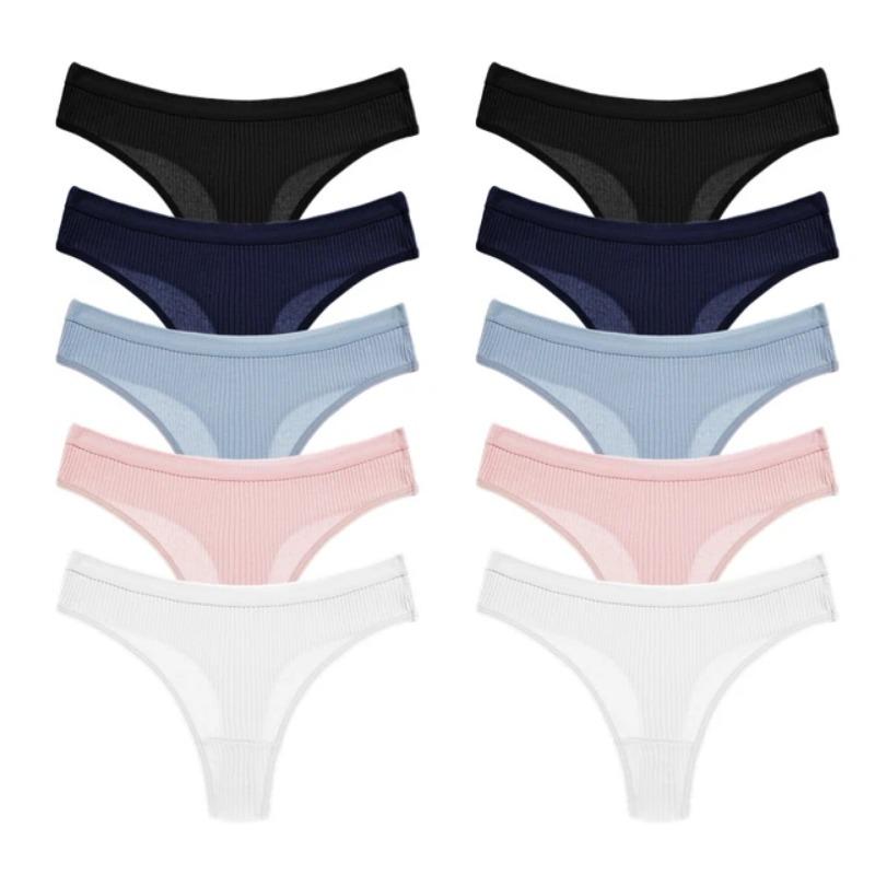 10PC/Set Women Cotton Panties Solid Color Briefs Ladies Breathable Thong Comfortable Striped Underwear