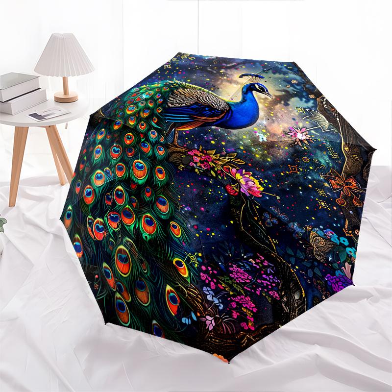 Peacock Fantasy Theme 8 Bone Hand Automatic Folding Umbrella, Compact and Portable Design, A Perfect Gift for Birthday, Christmas or Busines