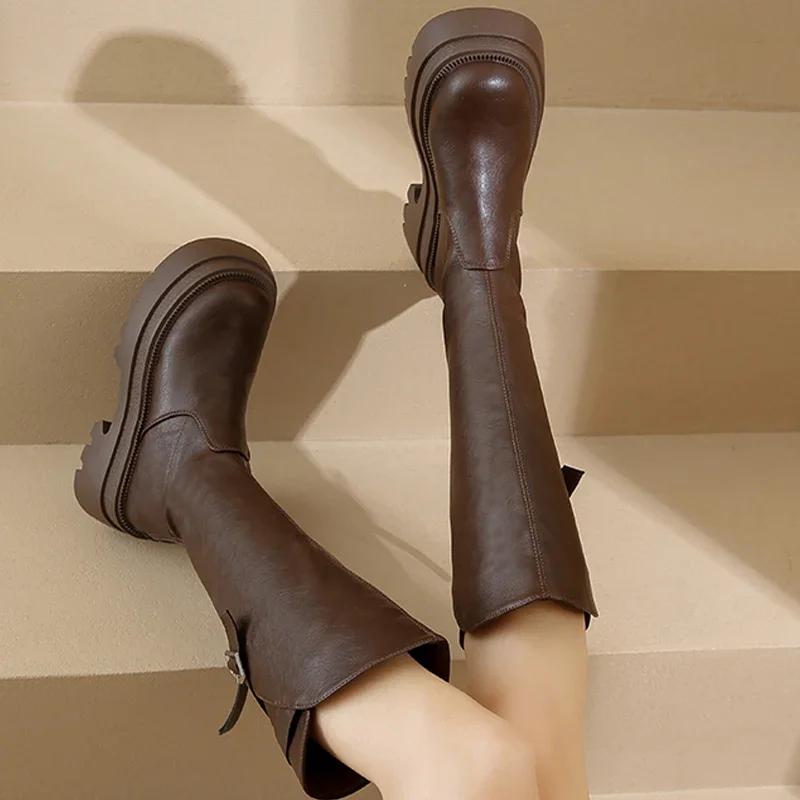 Модные женские кожаные ботинки на массивной высокой подошве до колена, ботильоны на среднем каблуке, женская обувь, тренд 2025, зимняя мода, дизайнерские мотоциклетные ботинки, Mujer Botas