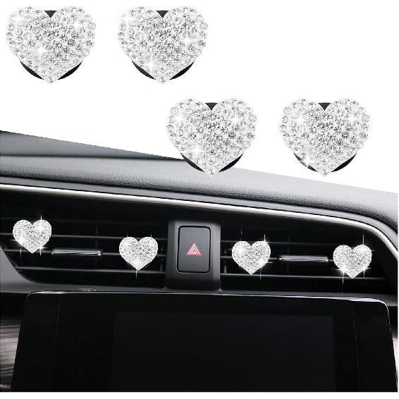 4PCS Heart Car Vent Clips with Rhinestone Design,Personalized Air Vent Clips for Car Decorations,Shiny & Cute Cars Accessories Cars Clip for Vents as