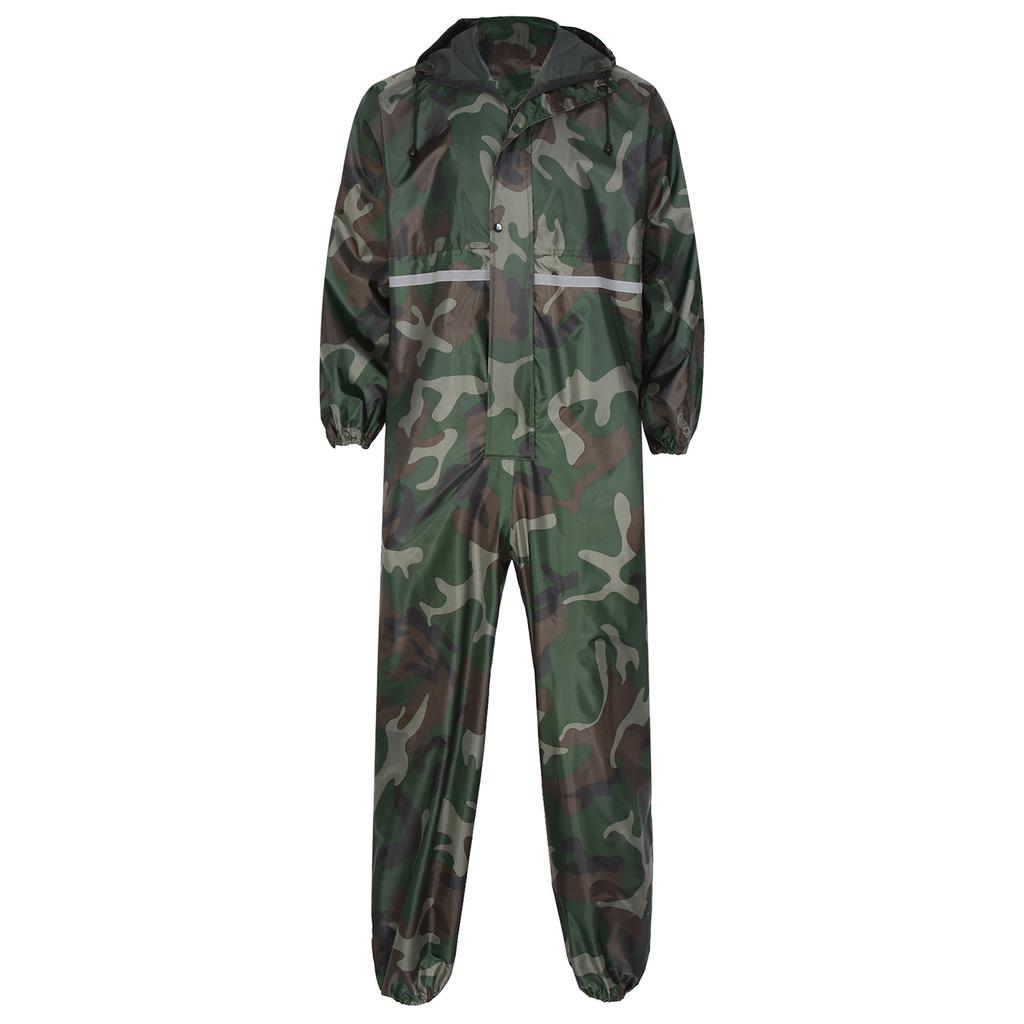 Mens Waterproof Jumpsuit Reflective Strip Rainsuit Long Sleeve Hooded Raincoat Zipper Coverall Workwear