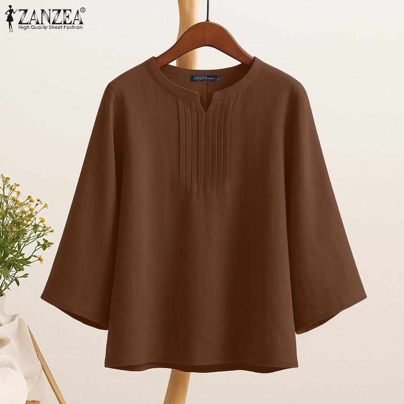 ZANZEA Women Casual V-Neck Solid Color Loose 3/4 Sleeve Blouse