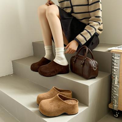 Зима новый коровья кожа толстая подошва увеличение высоты бархат женские универсальные ретро маффин подошва повседневные сумка на голову тапочки