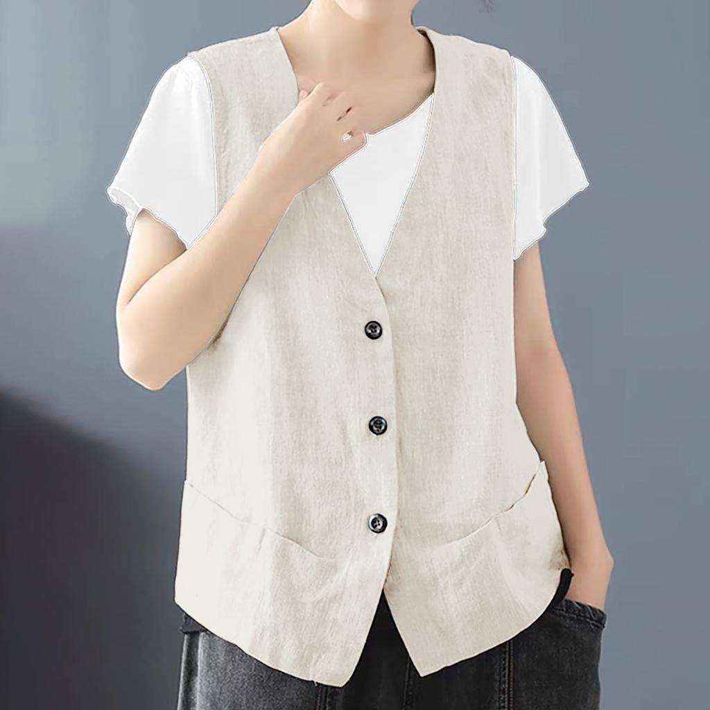 Women's Sleeveless Cotton Linen Vest Button Down V Neck Waistcoat Jacket