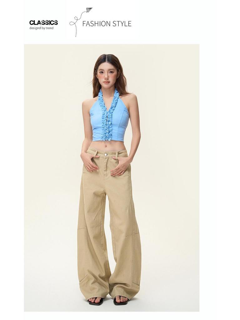 Women's Autumn Retro Khaki Wide-Leg Floor-Length Jeans