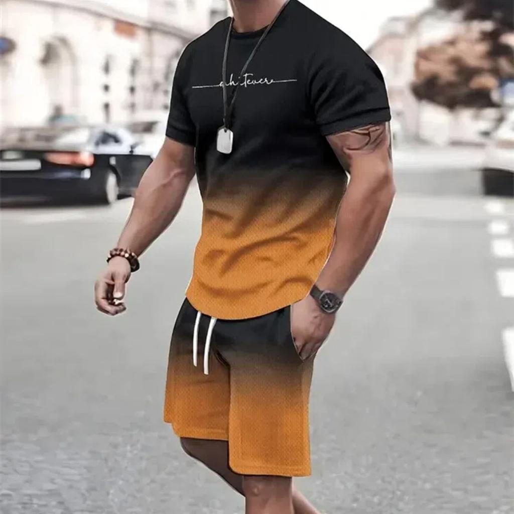 Летний мужской комплект с короткими рукавами и простым буквенным принтом, летний мужской уличный комплект с круглым вырезом и шортами на шнурке