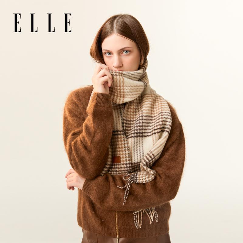 ELLE Wool Thousand Bird Grid Scarf Women's Autumn and Winter Classic Grid Pattern Retro Outdoor Warm Thick Shawl