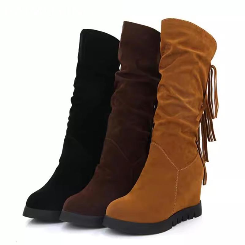 Tassels Women High Boots Suede High Heels Designer Shoes 2025 Trend Mid Calf Winter New Motorcycle Boots Fashion Botas De Mujer
