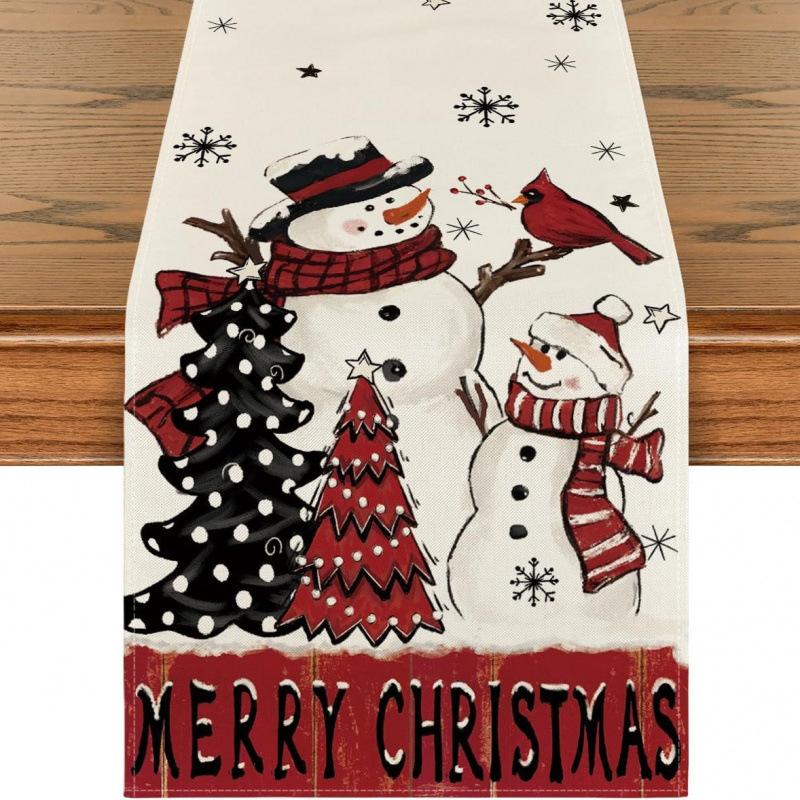 Праздничная скатерть-дорожка 'Снеговик' на рождественскую елку для дома, кухни, столовой, скатерть для украшения вечеринки
